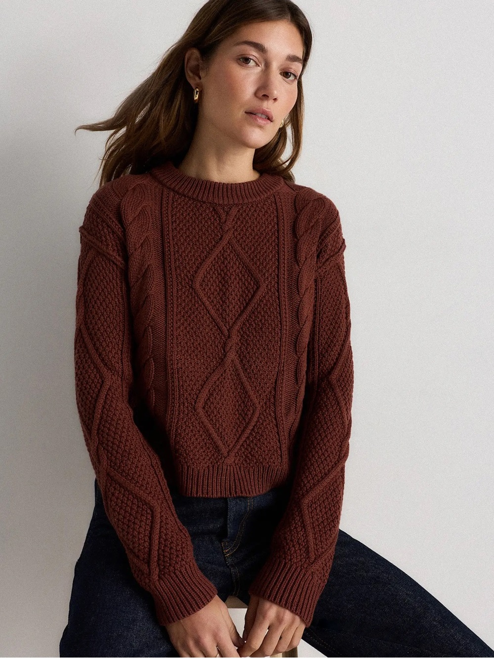 Quince 100% Organic Cotton Cropped Cable Knit Crew Sweater Size Small in Redwood